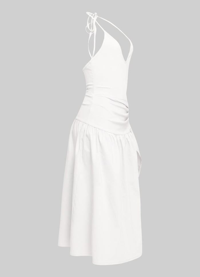 White cutout midi featuring woven fabric with light stretch and curve-hugging fit