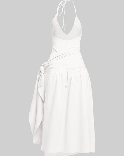Soft white wrap midi with halter straps, adjustable tie, and clean minimalist vibe