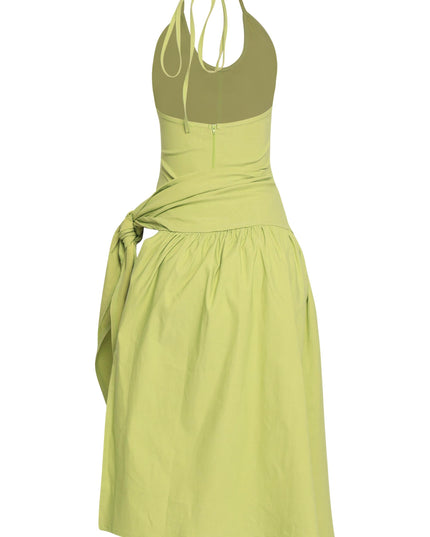 Bold chartreuse halter wrap dress with trendy silhouette and luxe woven texture