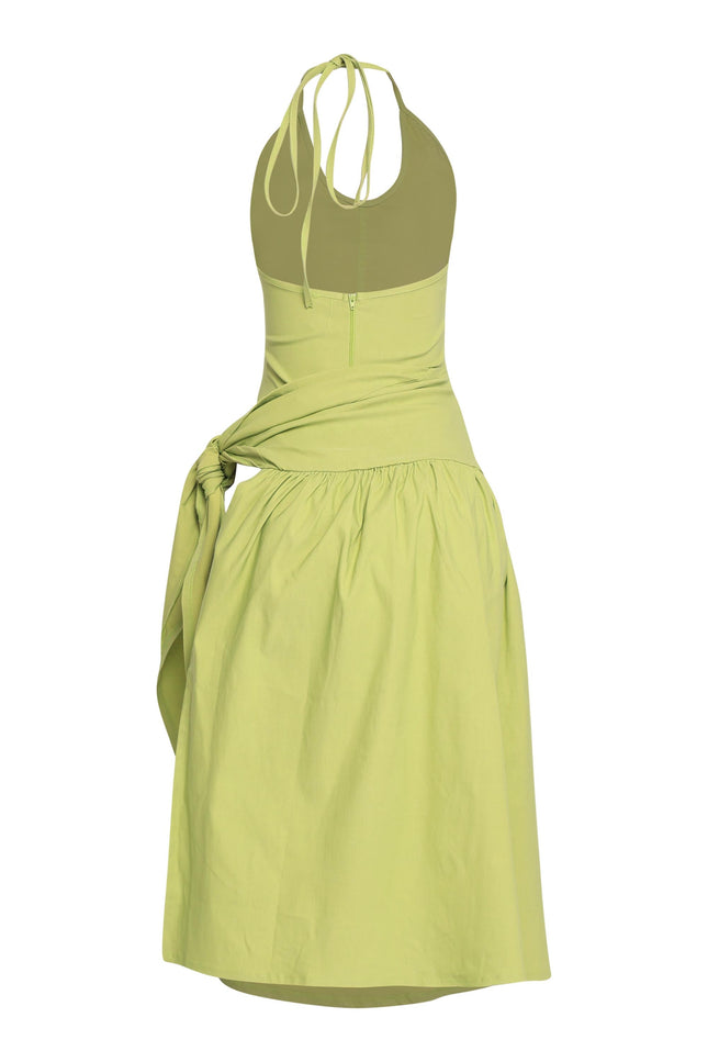 Bold chartreuse halter wrap dress with trendy silhouette and luxe woven texture