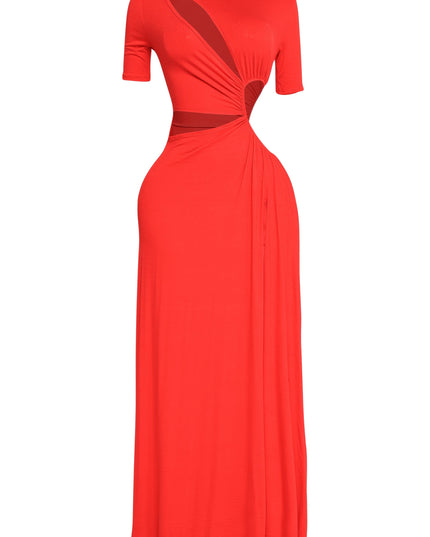 Red short sleeve cutout gown with statement twist design and vacation-ready flow

