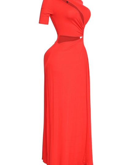 Ultra-flattering red dress with sexy slit, body-skimming fit, and sultry neckline

