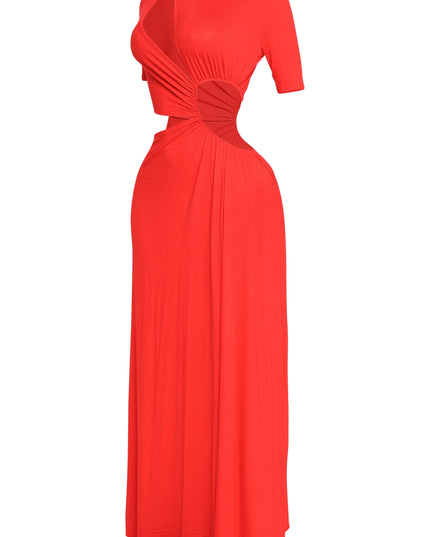 Date night red maxi dress with peekaboo cutout, soft stretch fabric, and drama

