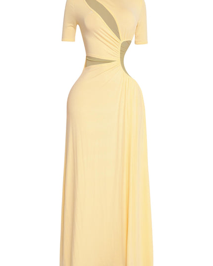 Sunny yellow body-skimming dress with bold front twist and flirty silhouette

