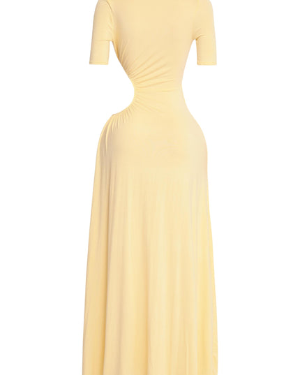 Summer-ready yellow slit dress with sculpted bust and ruched midsection

