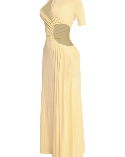 Bold yellow cutout maxi dress with sexy leg reveal and figure-loving stretch

