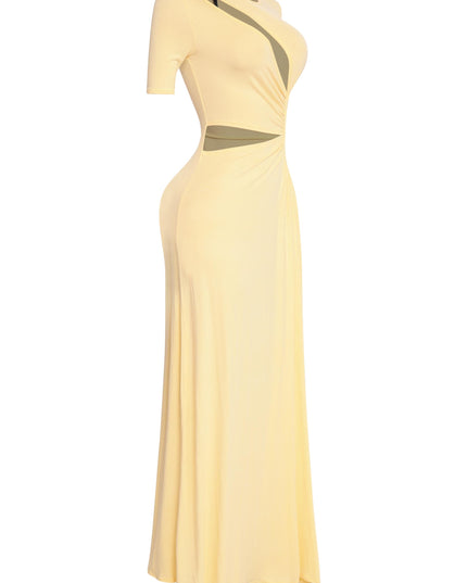 Trendy yellow twist front gown with high slit and body-enhancing cutouts

