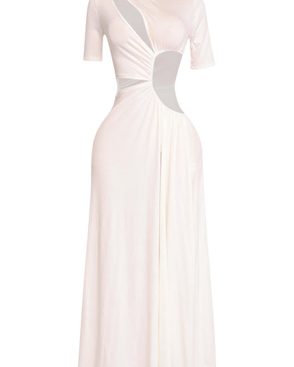 Flattering white maxi with sculptural front cutouts and curve-hugging drape

