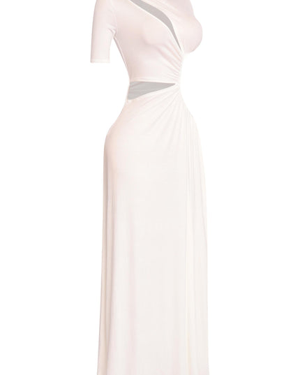 Soft stretch white gown with cutout waist and effortless summer glam vibe

