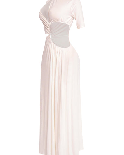 Modern white bodycon maxi dress with daring side slit and clean finish

