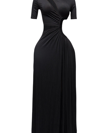 Sexy black slit maxi dress with bold cutout design and fitted silhouette

