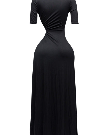 Sultry black cutout dress with curve-hugging fit and thigh-high leg slit

