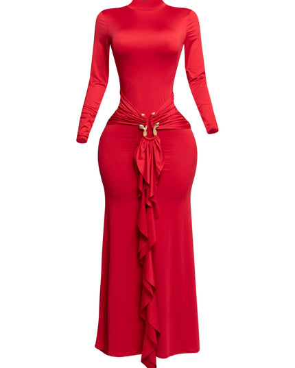 Trimmed ruffle down long sleeve maxi dress - Muvin 