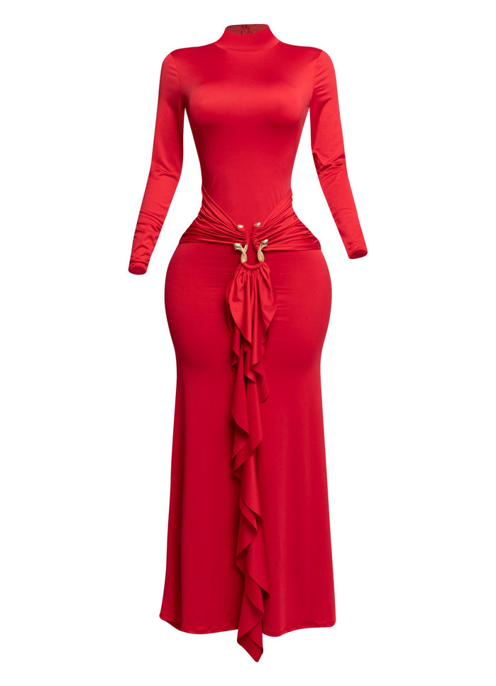Trimmed ruffle down long sleeve maxi dress - Muvin 