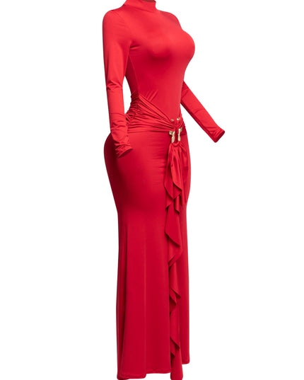 Trimmed ruffle down long sleeve maxi dress - Muvin 