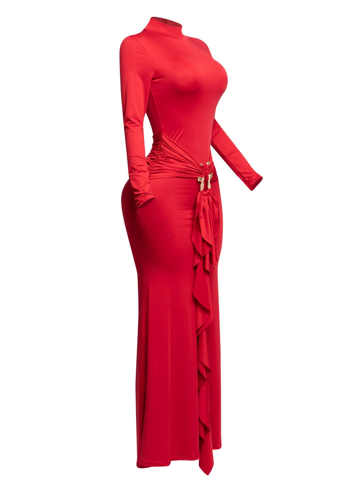 Trimmed ruffle down long sleeve maxi dress - Muvin 