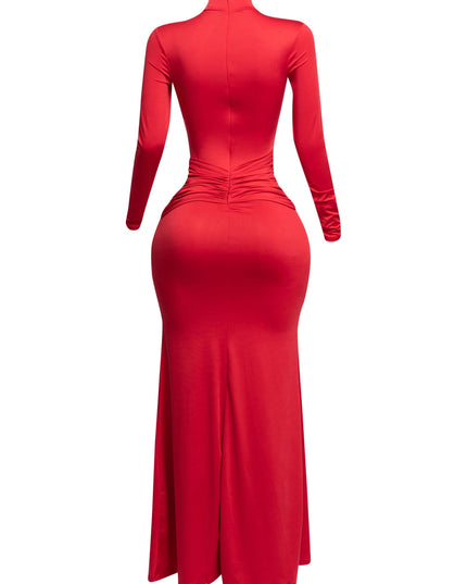 Trimmed ruffle down long sleeve maxi dress - Muvin 