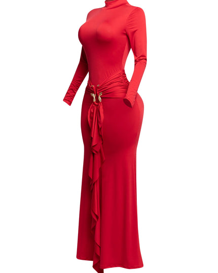 Trimmed ruffle down long sleeve maxi dress - Muvin 