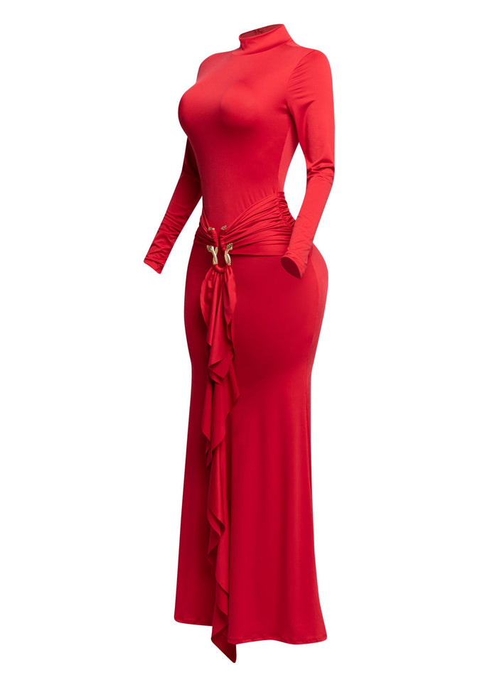 Trimmed ruffle down long sleeve maxi dress - Muvin 