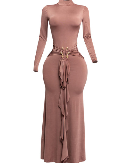 Trimmed ruffle down long sleeve maxi dress - Muvin 