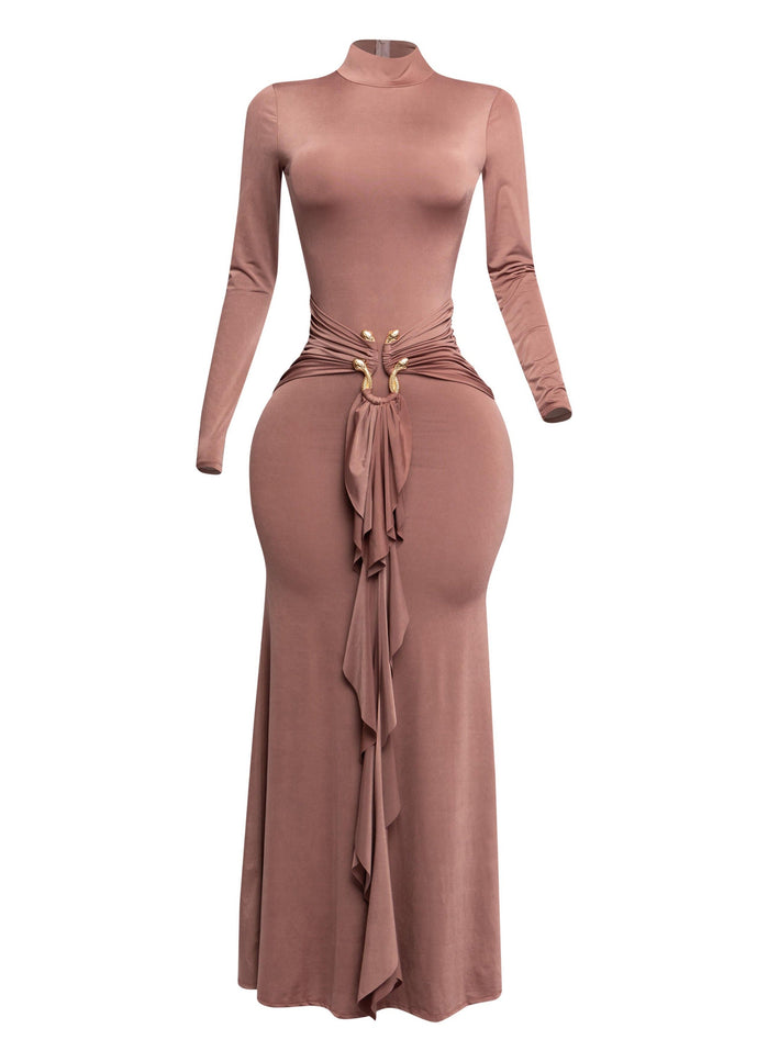 Trimmed ruffle down long sleeve maxi dress - Muvin 