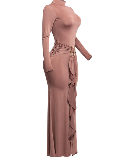 Trimmed ruffle down long sleeve maxi dress - Muvin 