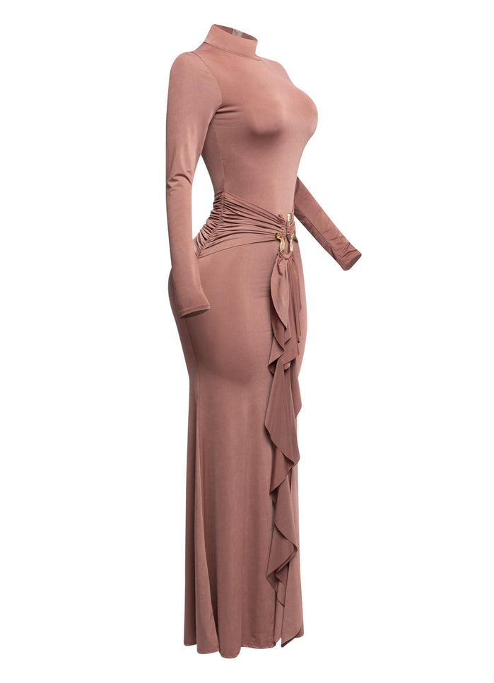 Trimmed ruffle down long sleeve maxi dress - Muvin 