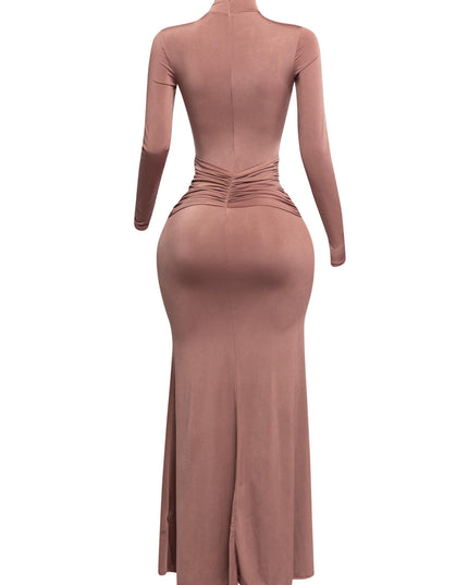 Trimmed ruffle down long sleeve maxi dress - Muvin 