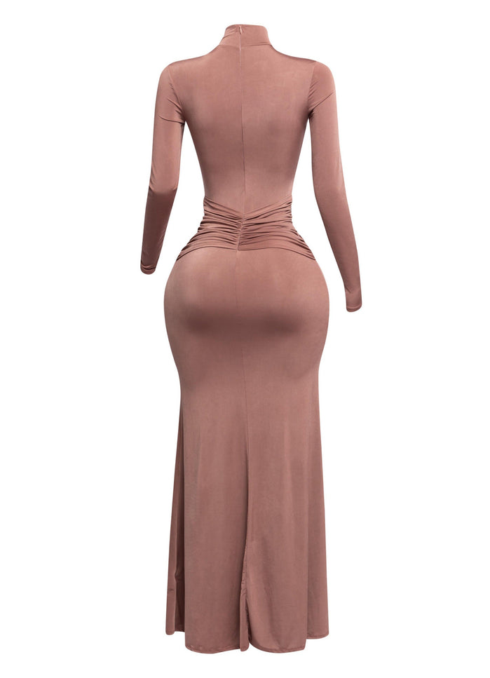 Trimmed ruffle down long sleeve maxi dress - Muvin 