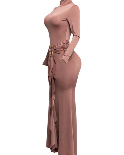 Trimmed ruffle down long sleeve maxi dress - Muvin 