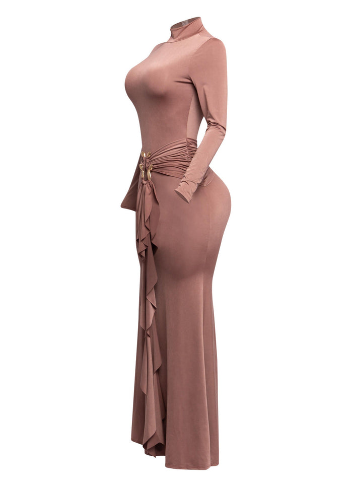 Trimmed ruffle down long sleeve maxi dress - Muvin 