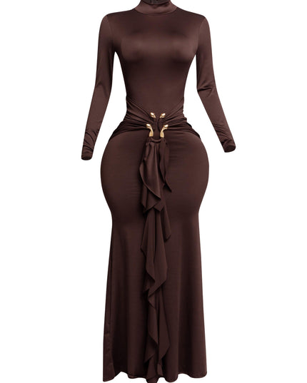 Trimmed ruffle down long sleeve maxi dress - Muvin 
