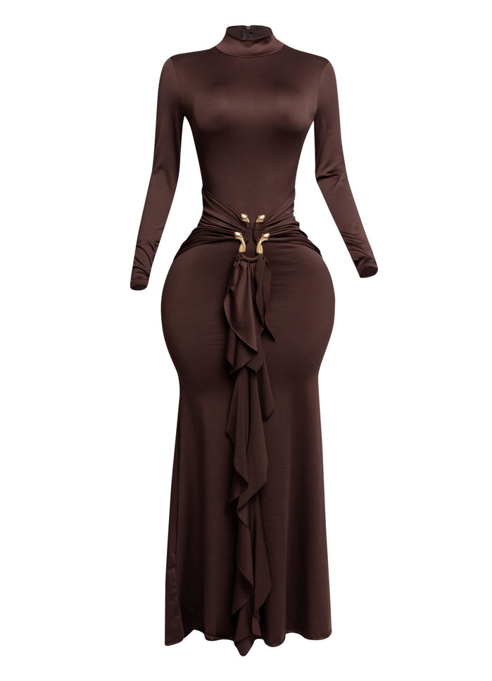 Trimmed ruffle down long sleeve maxi dress - Muvin 