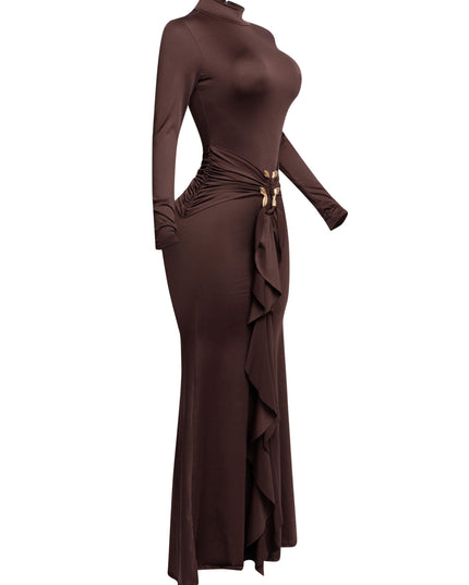 Trimmed ruffle down long sleeve maxi dress - Muvin 