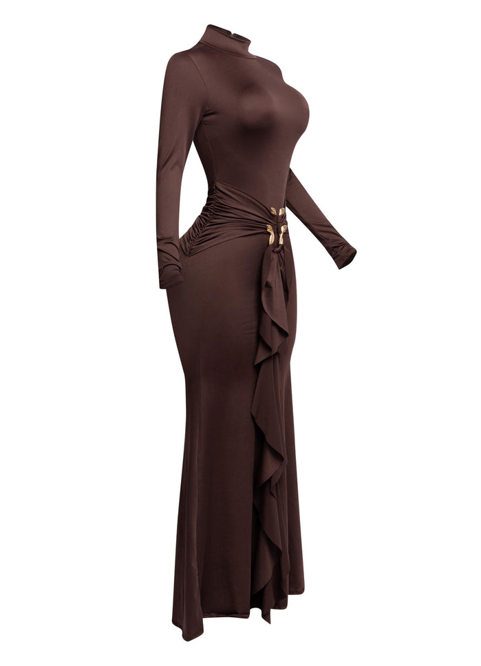 Trimmed ruffle down long sleeve maxi dress - Muvin 