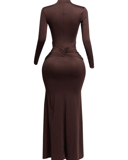 Trimmed ruffle down long sleeve maxi dress - Muvin 