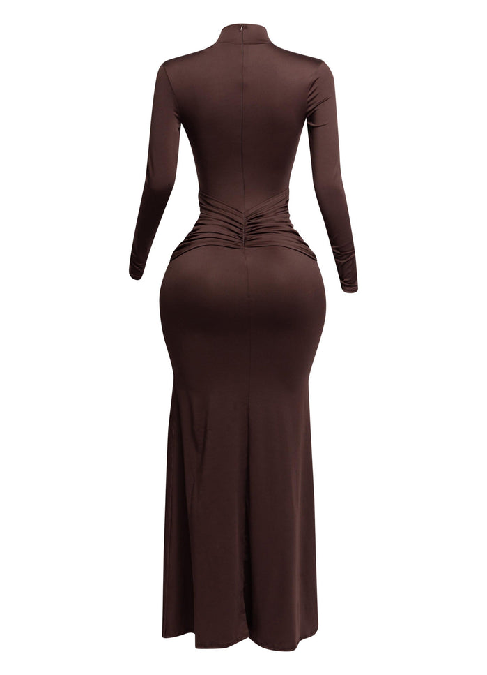 Trimmed ruffle down long sleeve maxi dress - Muvin 