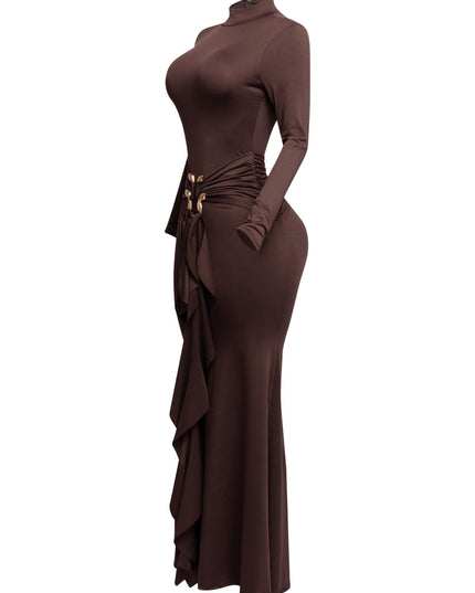 Trimmed ruffle down long sleeve maxi dress - Muvin 