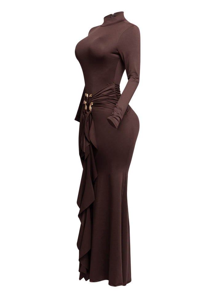 Trimmed ruffle down long sleeve maxi dress - Muvin 