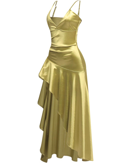 Side view of sage green maxi dress with fitted waist and flowing hem

