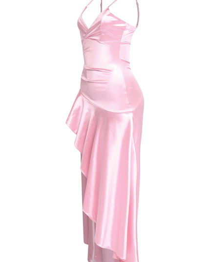 Barbiecore pink ruffle dress with shine and side slit

