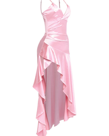 Back view of pink satin gown with zipper and flattering drape

