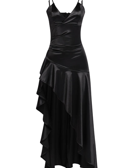 Classic black evening gown with sheen finish and wrap neckline

