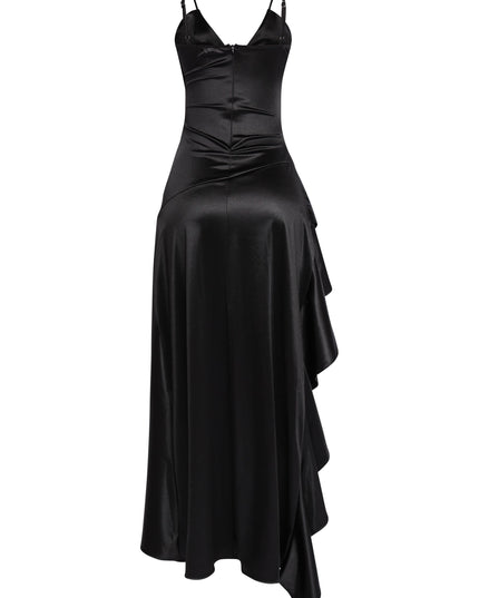 Sleek black dress with dramatic hem and strappy shoulders

