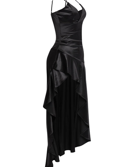 Glossy black formal gown with curve-hugging silhouette

