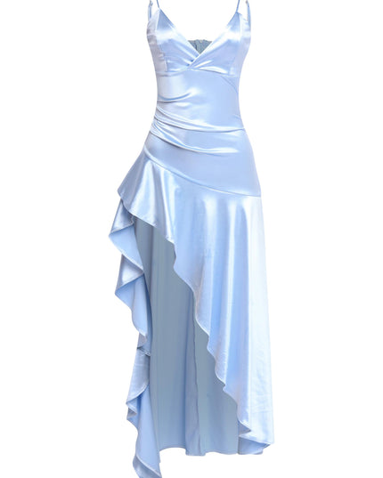 Soft blue evening dress with stretch satin and zip-up back

