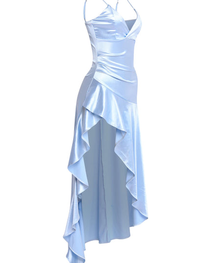 Side angle of satin blue dress with ruched bodice detail

