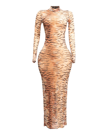 ANIMAL PRINT LONGSLEEVE MAXI DRESS W THUMBHOLES - Muvin 