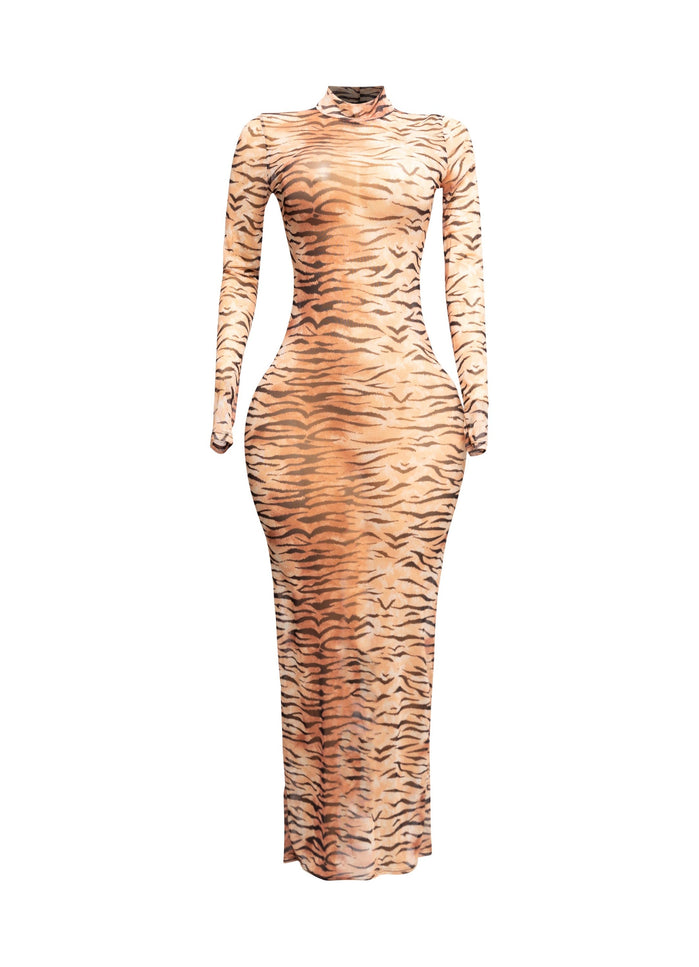 ANIMAL PRINT LONGSLEEVE MAXI DRESS W THUMBHOLES - Muvin 