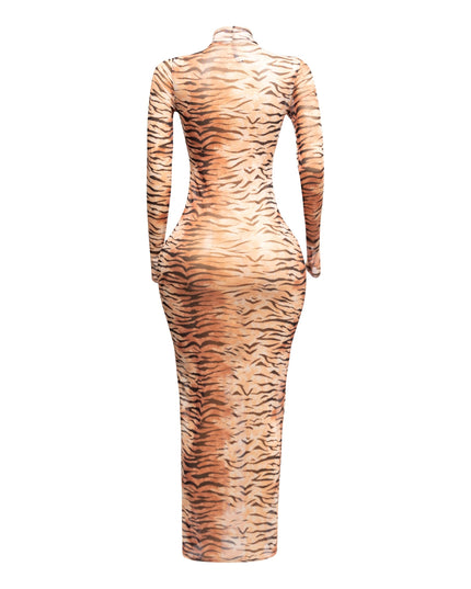 ANIMAL PRINT LONGSLEEVE MAXI DRESS W THUMBHOLES - Muvin 